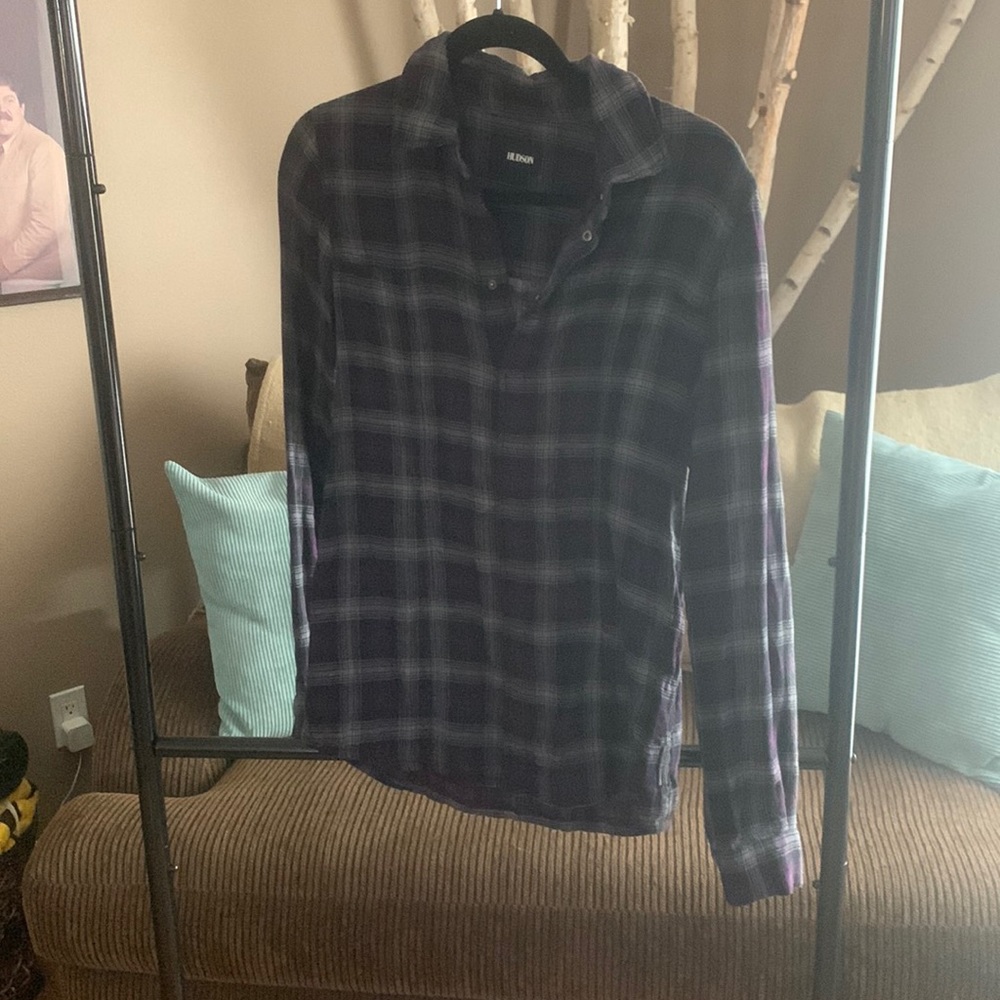 Hudson purple and gray flannel woman’s cut. Snaps size small